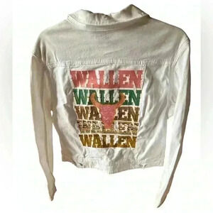 Lularoe large custom Morgan Wallen white brushed cotton‎ denim Moto jacket.